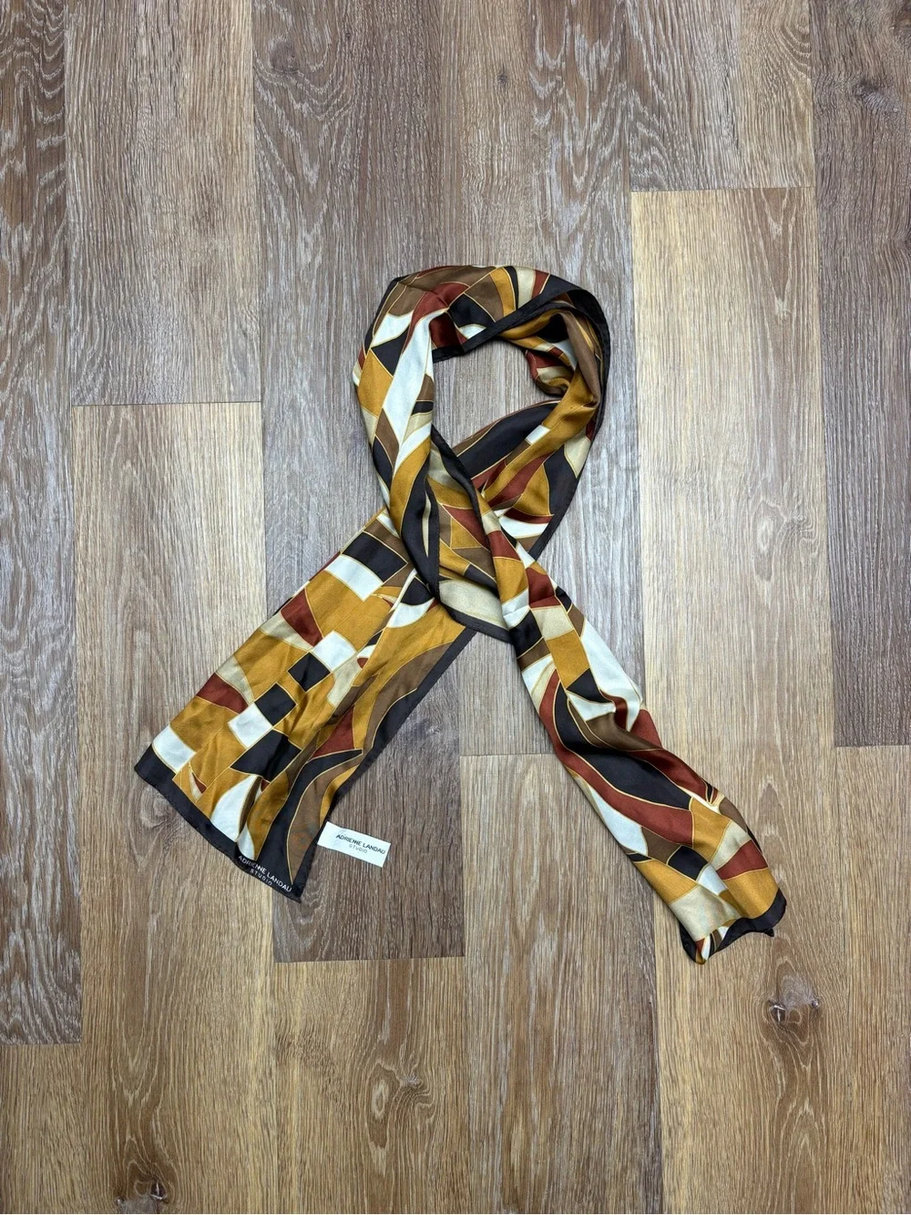 Adrienne Landau Brown Tan Cream Geometric Silk Scarf